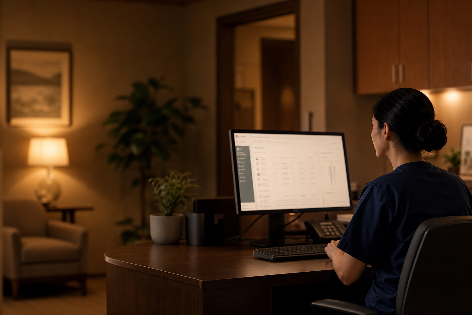 A medical assistant reviewing patient records on a monitor