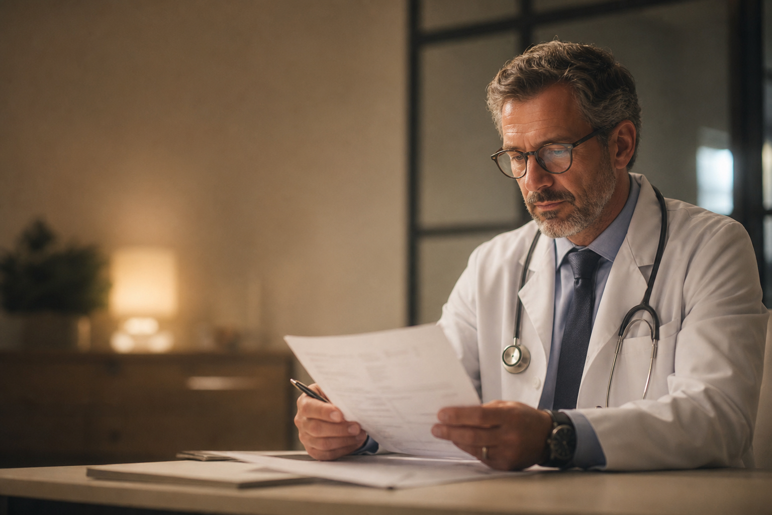 A physician reviewing referral paperwork at a desk